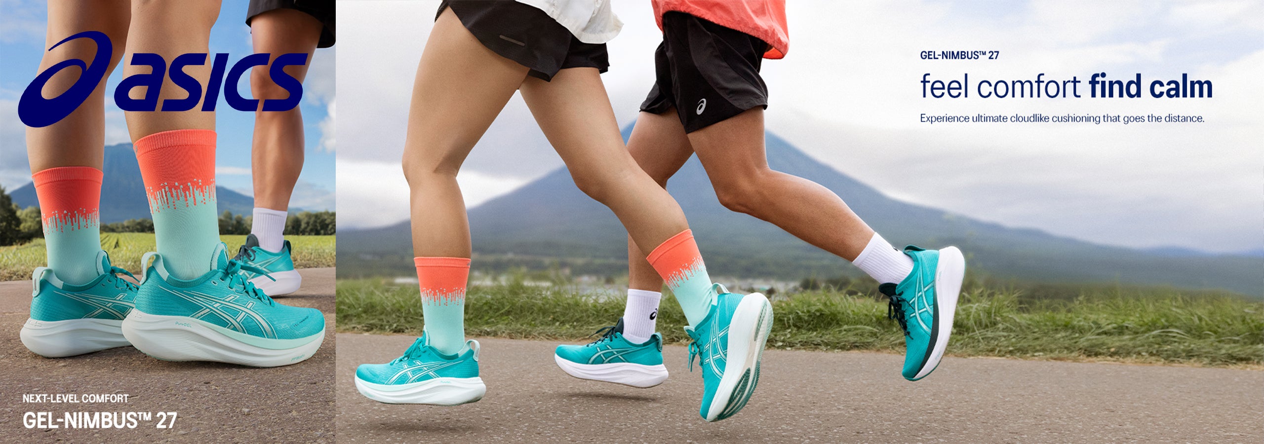 Image of Asics running shoes with the text 'Asics Gel-Nimbus 27 - Feel comfort find calm - Experience ultimate cloudlike cushioning that goes the distance'