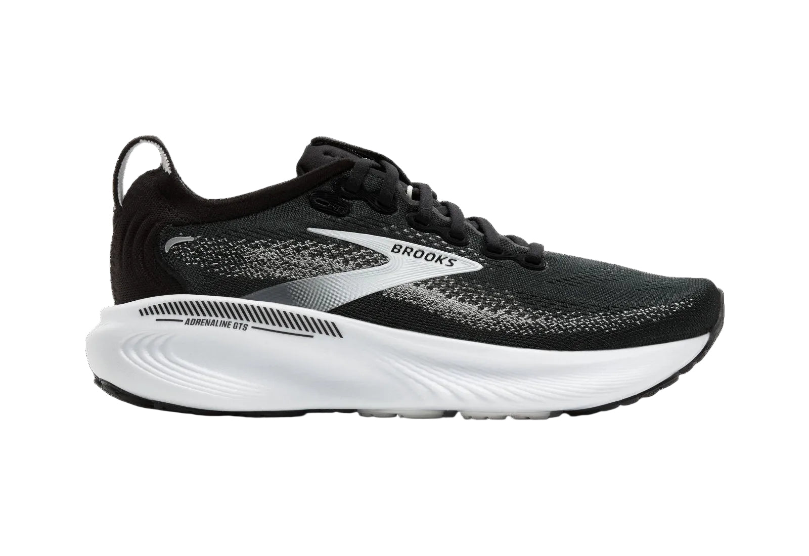 Black running shoe with white sole on a black background