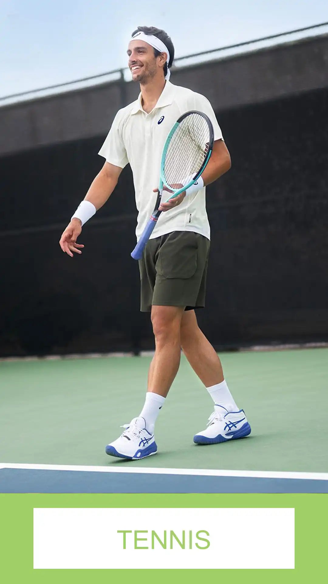 Tennis player on a court holding a racket with 'TENNIS' text at the bottom.