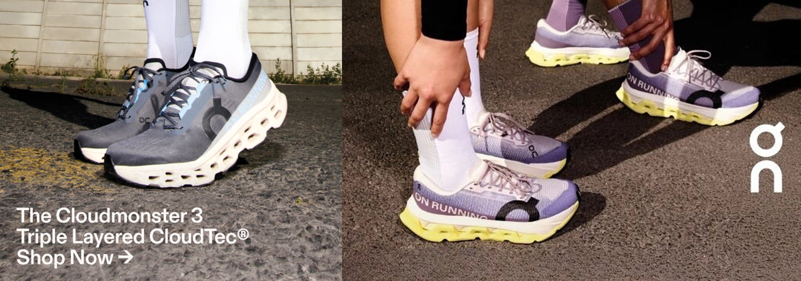 On Cloudmonster 3 running shoes being worn on a road with brand logo visible